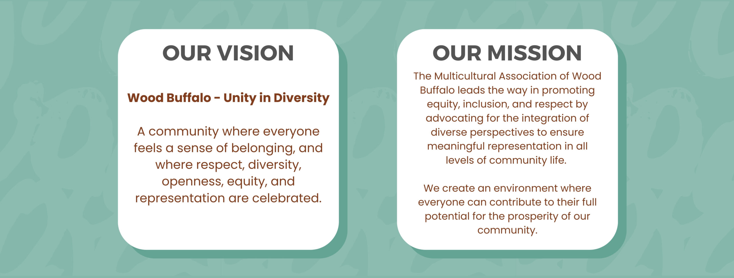 Our Vision: Wood Buffalo - Unity in Diversity. A community where everyone feels a sense of belonging, and where respect, diversity, openness, equity, and representation are celebrated. Our Mission: The Multicultural Association of Wood Buffalo leads the way in promoting equity, inclusion, and respect by advocating for the integration of diverse perspectives to ensure a meaningful representation in all levels of community life. We create an environment where everyone can contribute to their full potential for the prosperity of our community.
